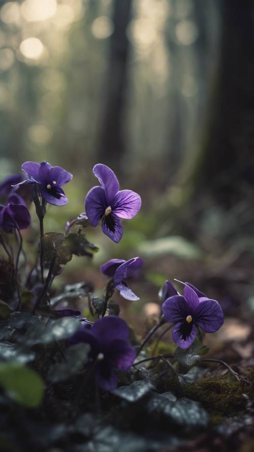 Bunga violet hitam bermekaran dengan liar di hutan terlarang dalam dongeng gotik.