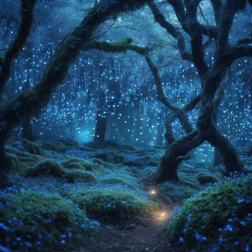 Magiczny niebieski las ze świecącymi niebieskimi drzewami pokrytymi mchem pod baldachimem migoczących świetlików.
