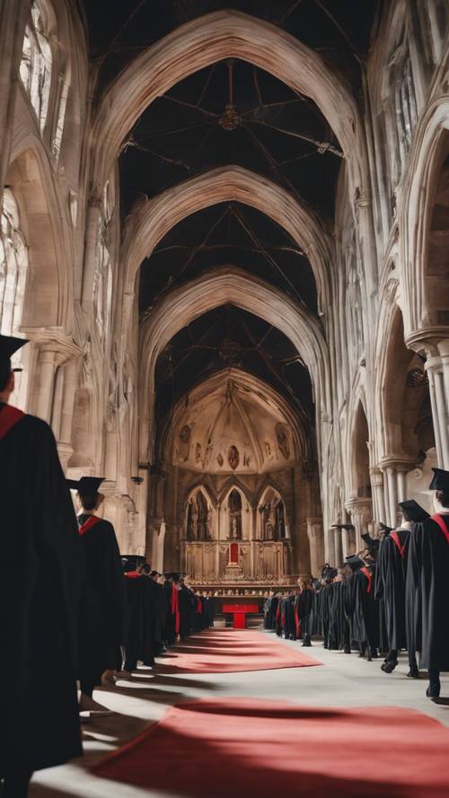 A graduation ceremony at an old beautiful cathedral, with graduates in black robes and caps, holding red diplomas.