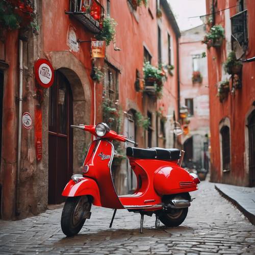 Classic red Vespa parked under colourful hanging signs in an old European alleyway