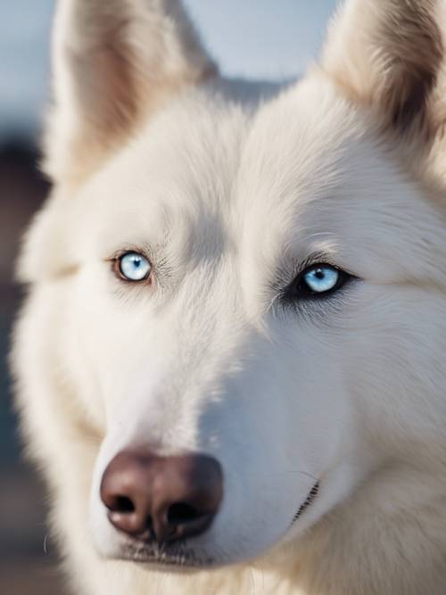 Potret close-up lembut seekor husky putih dengan mata perak tajam.