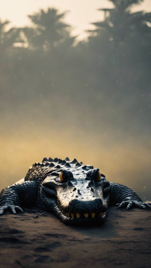 A dark silhouette of a fearsome black crocodile with glowing yellow eyes in thick mist.