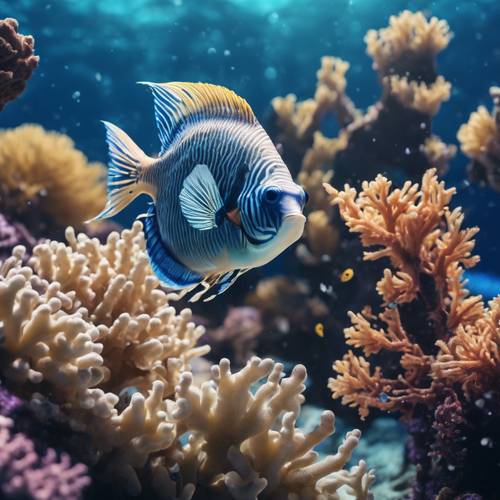 Pemandangan bawah air yang indah dengan ikan-ikan eksotis berenang di tengah karang biru royal dengan latar belakang laut dalam.