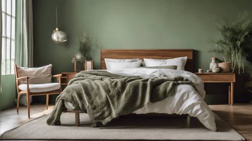 Ein elegantes Schlafzimmer mit salbeigrünen Wänden, frischer weißer Bettwäsche und Holzmöbeln.