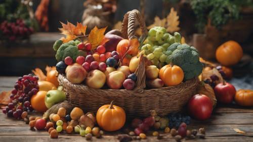 Imagem calorosamente iluminada de uma cornucópia, repleta de frutas e vegetais de outono, significando a época da colheita.