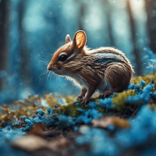 Arte stilizzata di una piccola creatura del bosco che saltella sul suolo di una foresta blu.