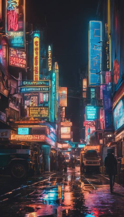 Eine nächtliche Szene einer geschäftigen Stadt voller Neonschilder vor einem dunklen Himmel
