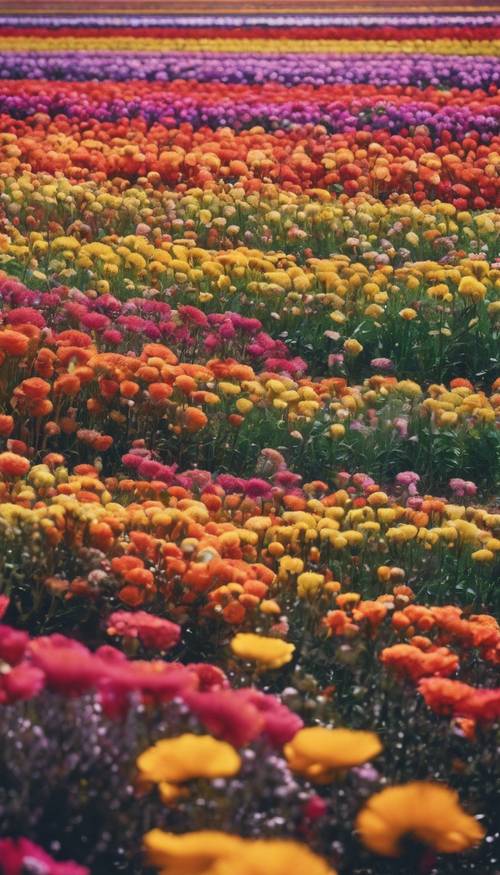 Campos de flores de arco iris, cada fila muestra un color vibrante diferente.