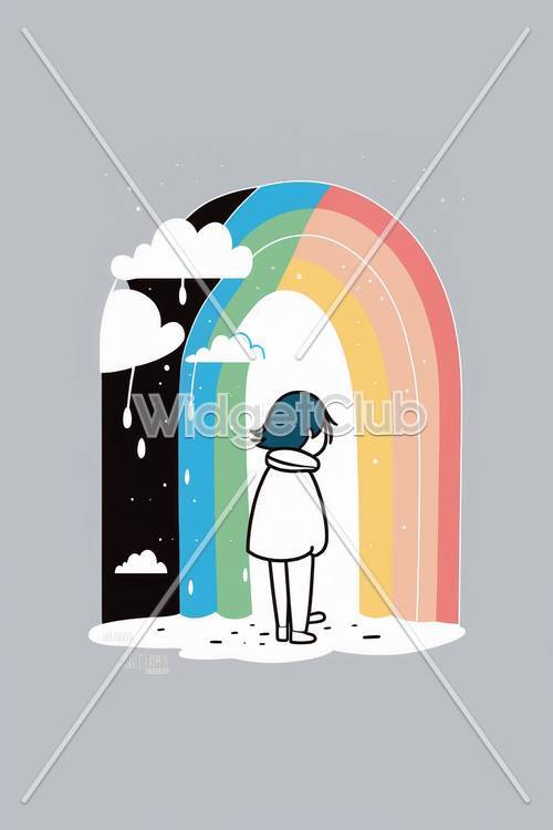 Chica parada bajo un colorido arco iris con gotas de lluvia