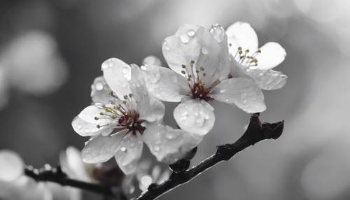 A single cherry blossom flower dew-covered in a black and white photo