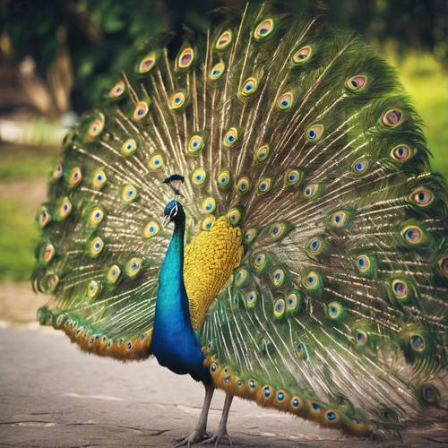 这是一幅令人惊叹的、细节丰富的图像，描绘的是一只彩虹色的孔雀展开它的羽毛。