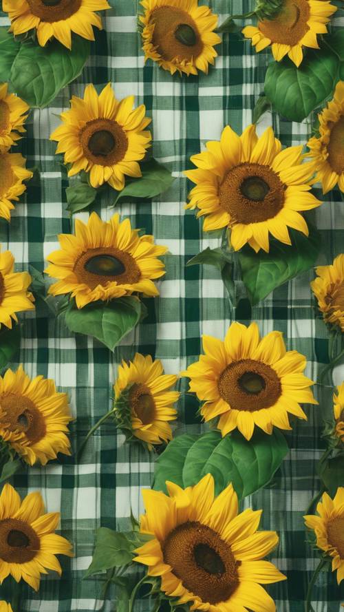 A vibrant tableau featuring sunflowers blooming against a soft green plaid background.