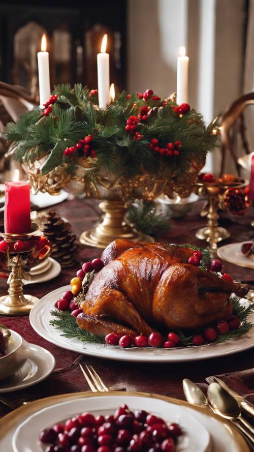 A traditional Christmas dinner table setting complete with a turkey centerpiece, cranberry sauce, roasted vegetables, and a plum pudding, all placed on a table adorned with holly and candles.