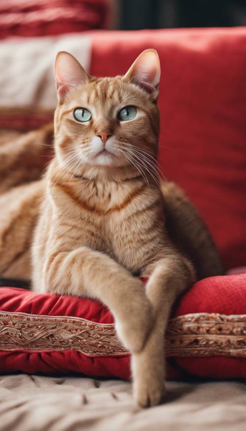 Un gato beige con ojos inteligentes descansando sobre un cojín rojo vibrante.