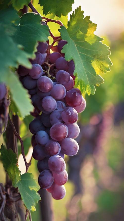 A close-up of a bunch of ripe purple grapes and green leaves in a vineyard.