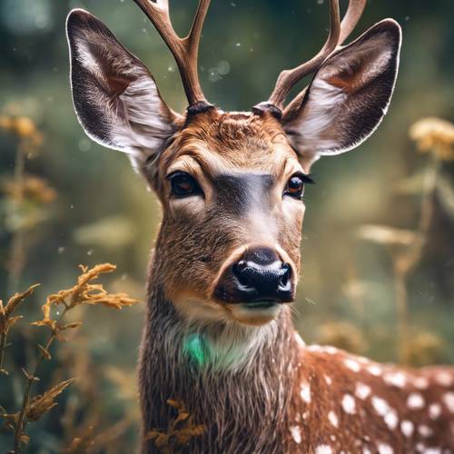A wild deer looking curiously at a rare, iridescent butterfly perched on its nose.