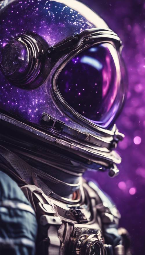 O capacete de um astronauta refletindo um brilho metálico roxo no vazio do espaço.
