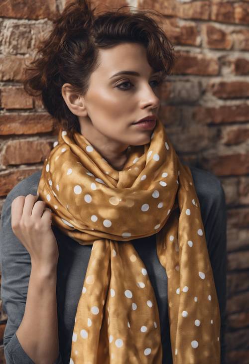 Золотой шарф в горошек, обернутый вокруг шеи стильной женщины на фоне кирпичной стены.
