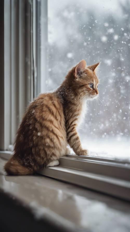 A Curl kitten on a window sill, covertly watching a bustling bird feeder outside, with snow steadily piling up.