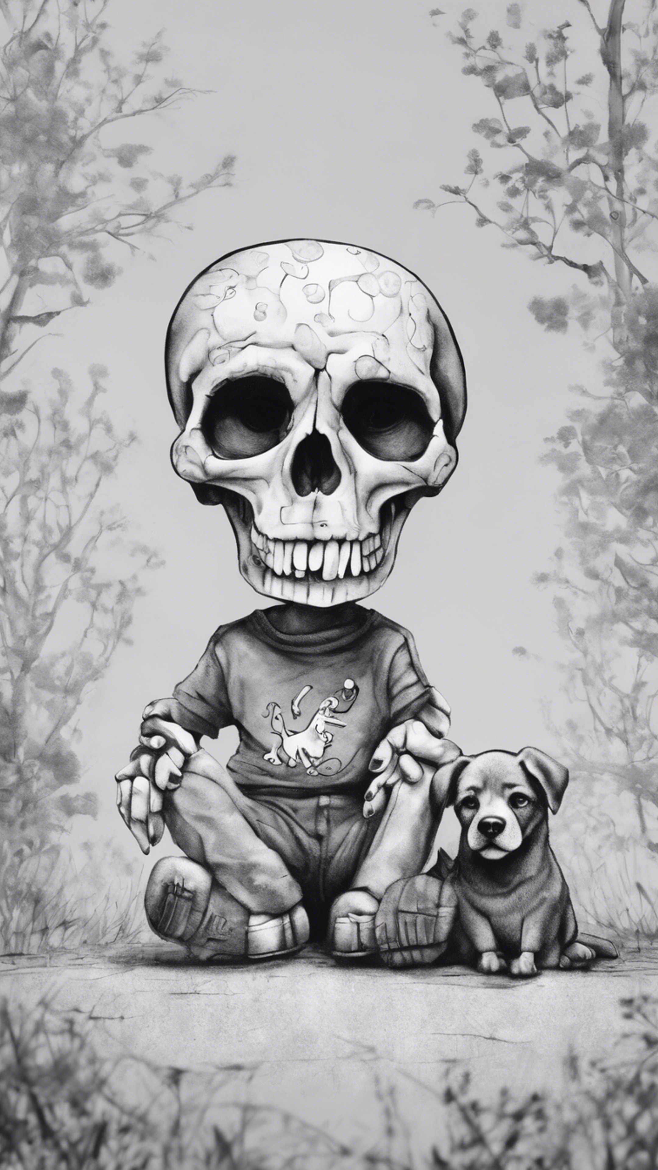 An imaginative kid's drawing of a funny, gray skull playing with a friendly dog.壁紙[5ca67c6f78044dd1bd79]