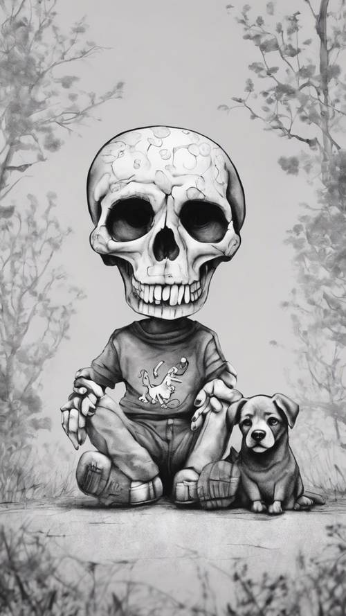 Pomysłowy rysunek dziecięcy przedstawiający zabawną, szarą czaszkę bawiącą się z przyjaznym psem.