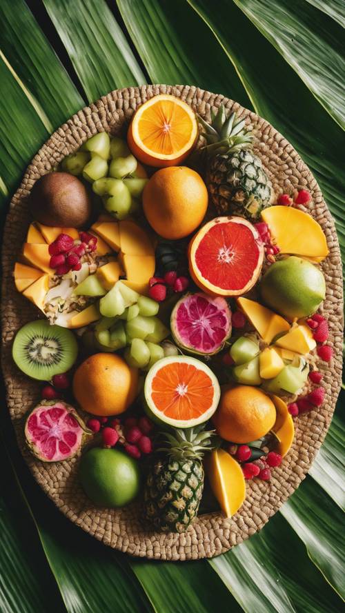Büyük bir palmiye yaprağında servis edilen tropik meyve tabağının sanatsal üst görünümü.