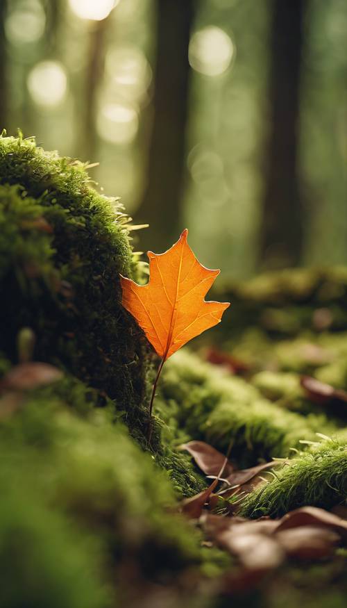 A single, perfect, orange leaf in the center of a moss-green forest floor.