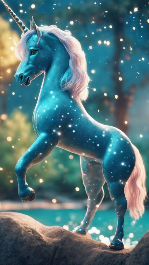 Seekor unicorn biru kawaii dengan bintang berkelap-kelip di surainya berdiri di tepi sungai biru kehijauan saat fajar.