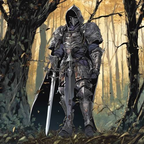 A gothic anime knight standing vigilant in a haunted forest. Wallpaper [877de027344e45d88cbb]