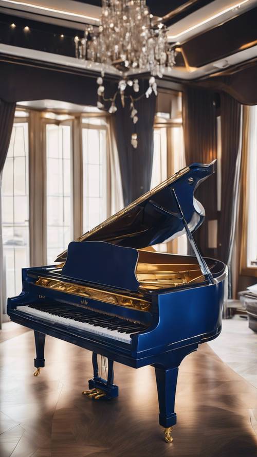 Um piano de cauda azul marinho com detalhes dourados, situado em uma luxuosa sala de música.