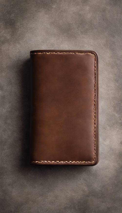 Un portafoglio minimalista in pelle marrone su uno sfondo di cemento.