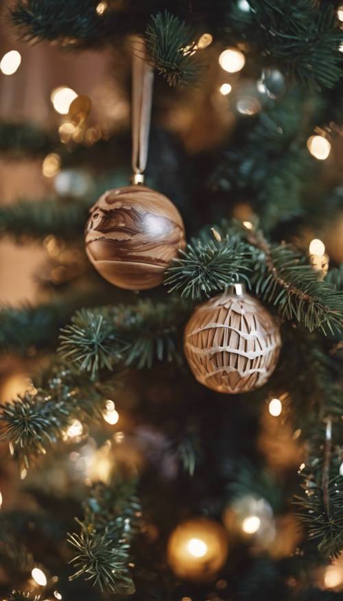 Primo piano di un albero di Natale decorato con ornamenti in legno fatti a mano.