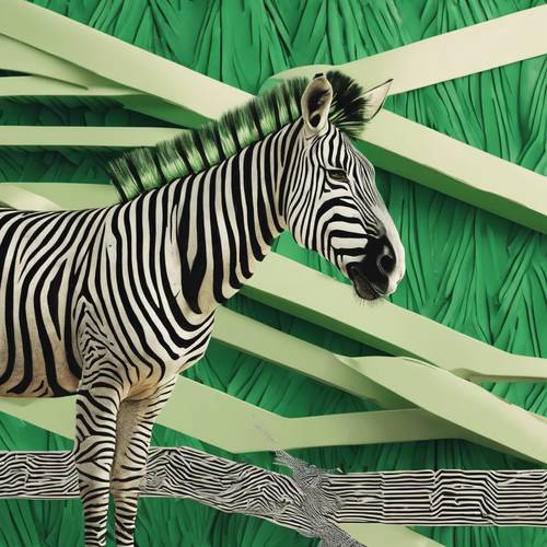 Zielona zebra w stylu art déco przed zygzakowatymi wzorami.