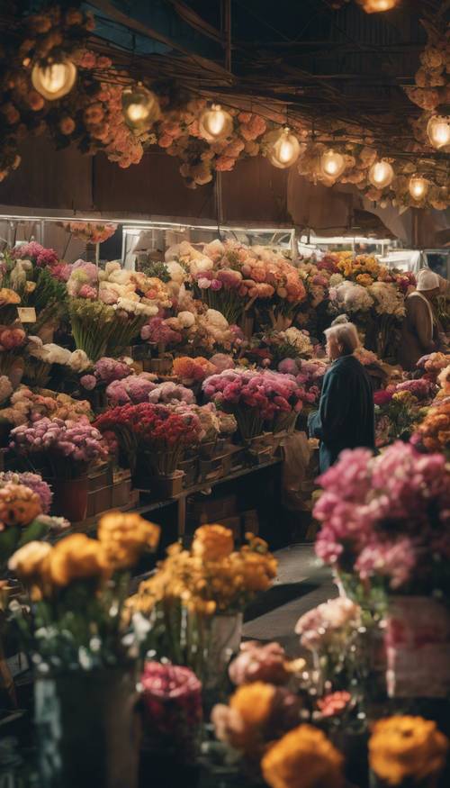 Un mercato dei fiori fuori orario illuminato dal chiaro di luna, pieno di composizioni floreali contemporanee.