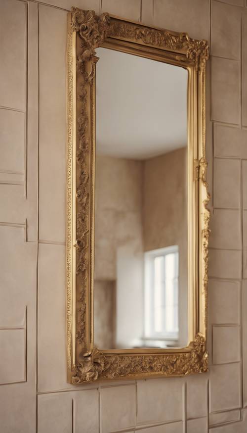 An ornate gold mirror hanging on a beige textured wall, reflecting a calm and serene room.