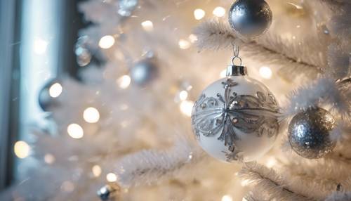 Uma árvore de Natal branca lindamente adornada com luzes cintilantes e enfeites prateados.