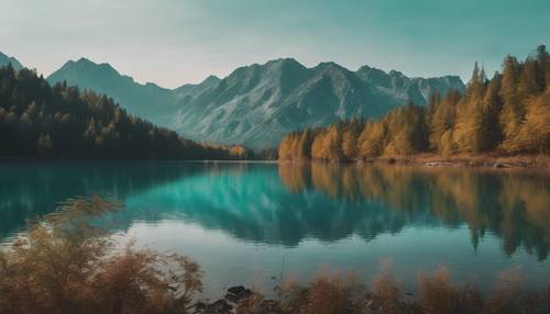 An ombre scenic landscape depicting a combination of mountains, lakes, and forests with colors gradually shifting from rich dark brown to light aqua.