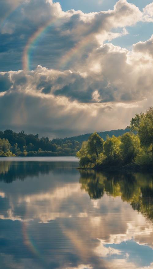 Detailliertes Bild eines auffälligen blauen Regenbogens, der unter heiterem Himmel Spiegelbilder auf einen klaren See wirft.