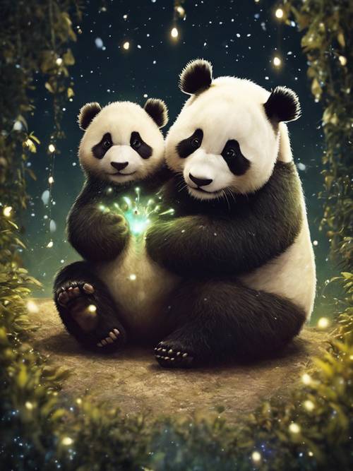 Ein Panda und sein Junges beobachten nachdenklich ein funkelndes Glühwürmchen in einer wunderschönen, sternenklaren Nacht.