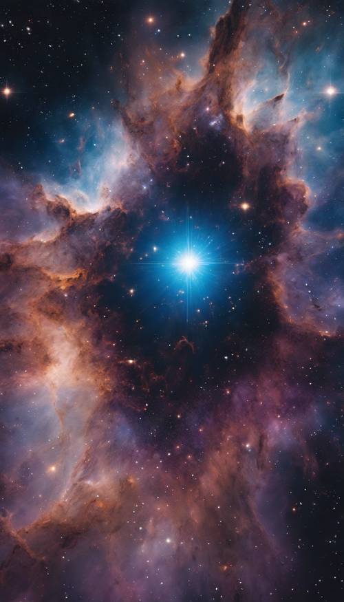 Крупный план темной звезды, свернувшейся посреди красивой туманности.