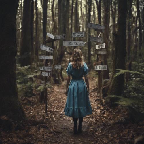 Alice lost in the dark forest with signs pointing to different directions.