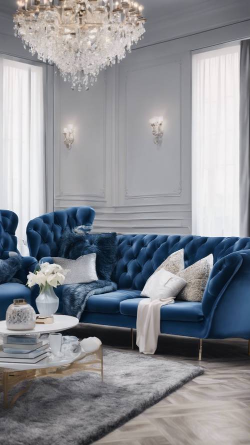 Zarif beyaz aksesuarlarla süslenmiş mavi kadife mobilyalara sahip modern bir oturma odası.