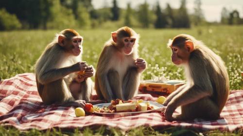 משפחה של קופים מוכנים נהנית מפיקניק ביום שמשי באחו, האוכל הטעים פרוש על שמיכה משובצת קלאסית.