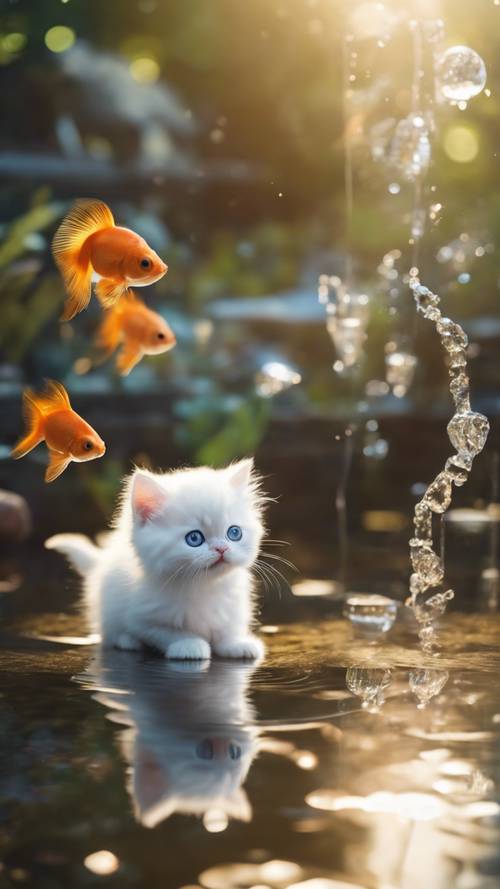 Puszysty biały kotek perski żartobliwie przyglądający się złotej rybce w krystalicznie czystym stawie w sercu zaczarowanego ogrodu.