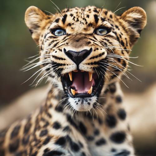 Un léopard clignotant avec sa langue qui sort de manière ludique.
