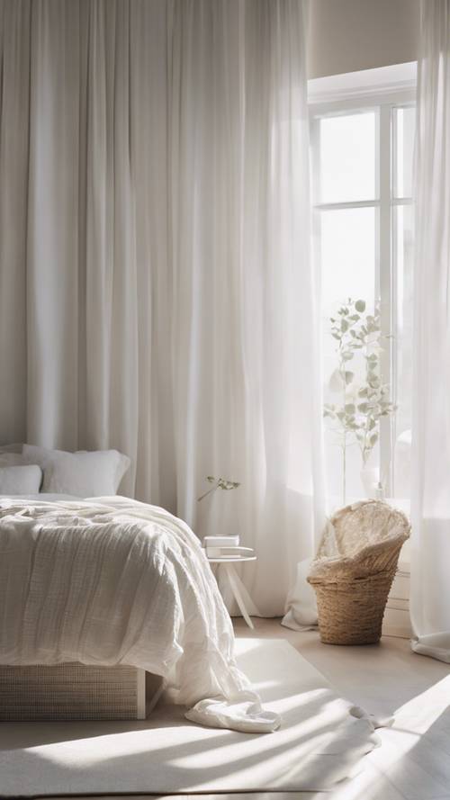 A serene white bedroom with a minimalist aesthetic, sunlight streaming through sheer curtains