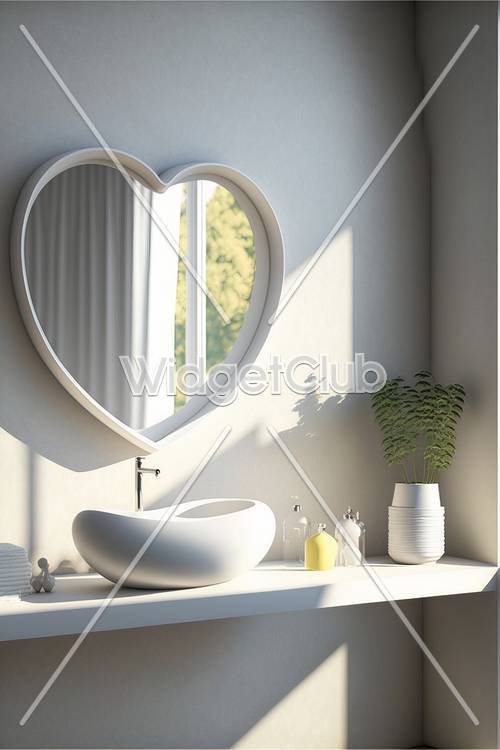 חלון בצורת לב עם צמח וכיור בחדר שטוף שמש