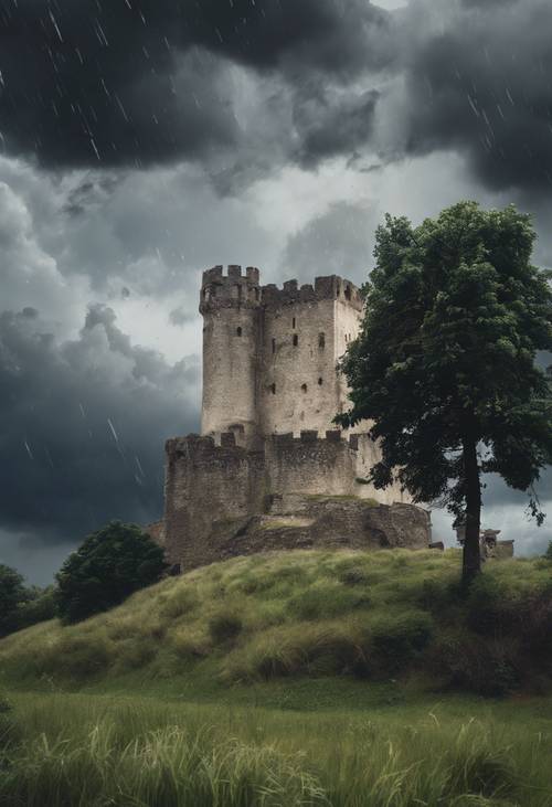 منظر طبيعي عاصف مع سحب سوداء شاهقة تلوح في الأفق فوق قلعة قديمة.