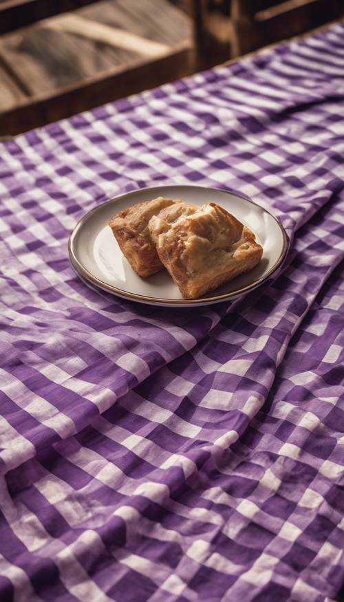 Vintage purple checkered tablecloth, spread perfectly on a rustic farm table.