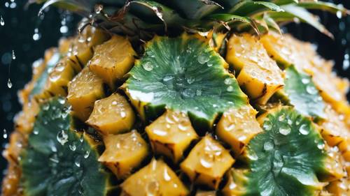 Zbliżenie ananasa w deszczu, z błyszczącymi kroplami na sękatej skórze.
